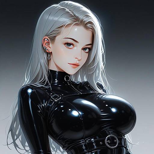 Illustration of Woman in Shiny Black Latex Outfit with Silver Hair