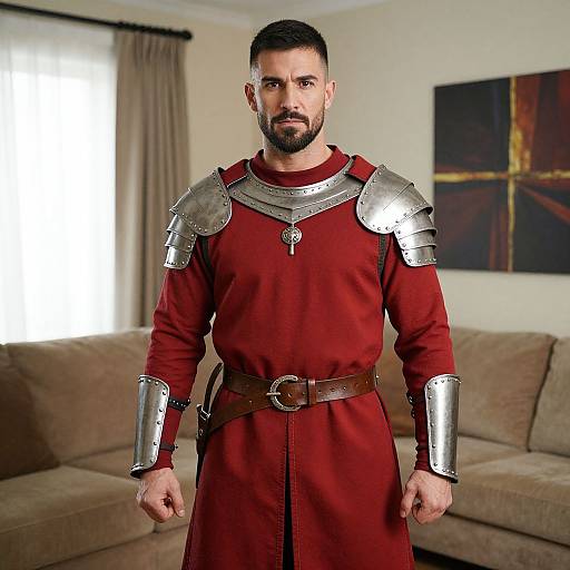 Man Wearing Medieval Armor Costume Indoors