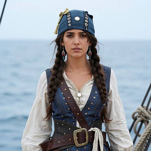 Young Woman in Blue Pirate Costume with Braided Hair on Ship Deck