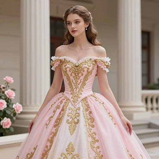 Elegant Pink Off-Shoulder Ball Gown with Gold Embroidery