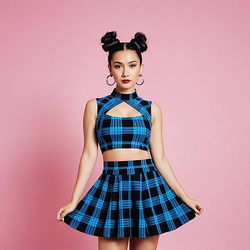 Retro-Inspired Blue and Black Plaid Two-Piece Outfit Woman Fashion