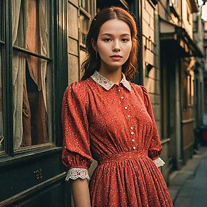 Young Woman in Vintage Red Dress on Nostalgic Street