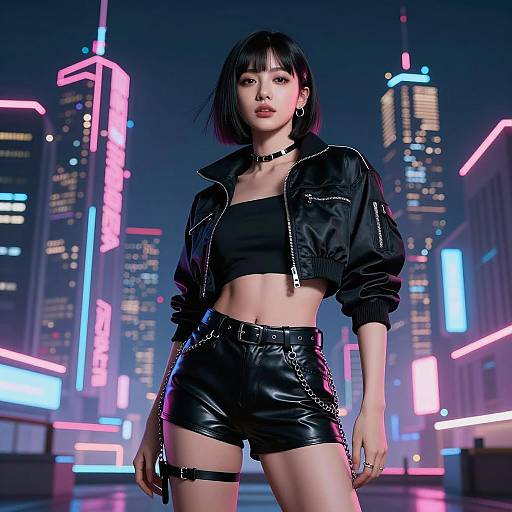 Gen Z Woman in Cyberpunk Neon City Fashion