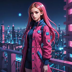 Cyberpunk Woman with Pink Hair in Futuristic Neon Cityscape