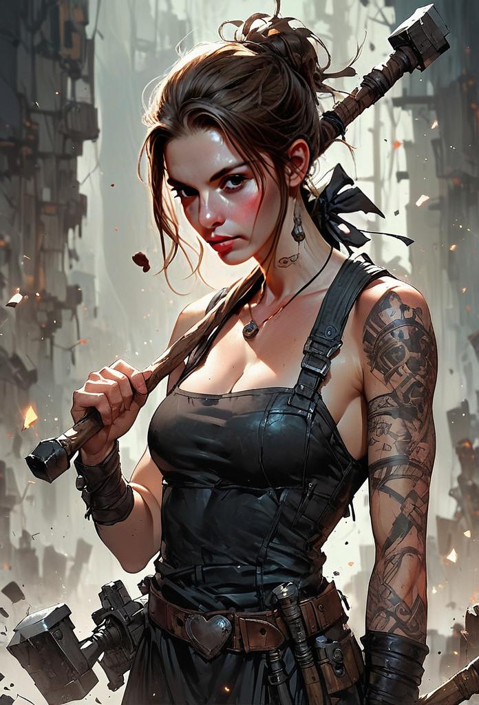 Post-Apocalyptic Woman Warrior with Hammer and Tattoo in Digital Art