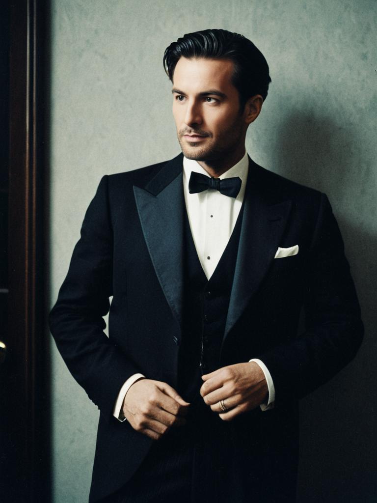Man in Formal Attire Classic Black Tuxedo Cinematic Fashion Editorial
