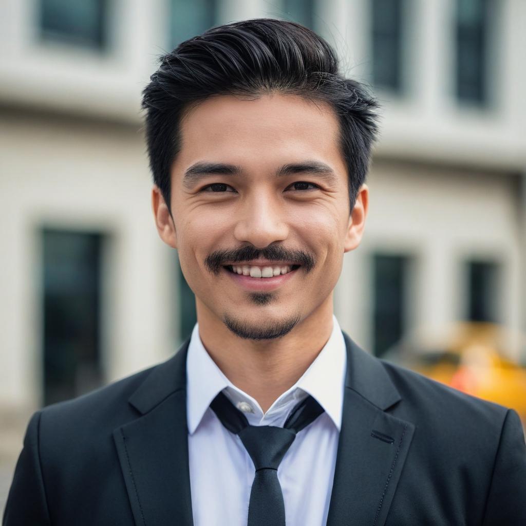 Confident Young Asian Man in Business Suit Smiling Outdoors