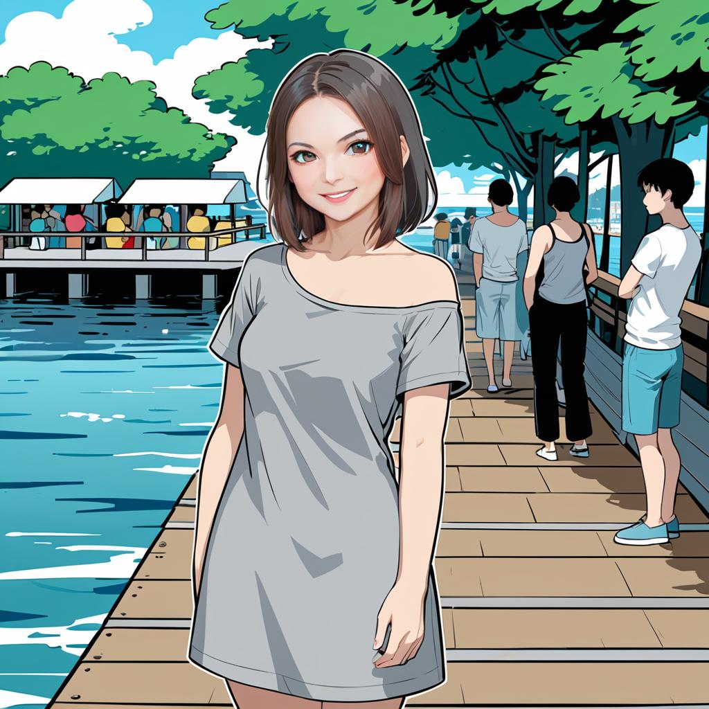 Anime Woman on a Sunny Boardwalk