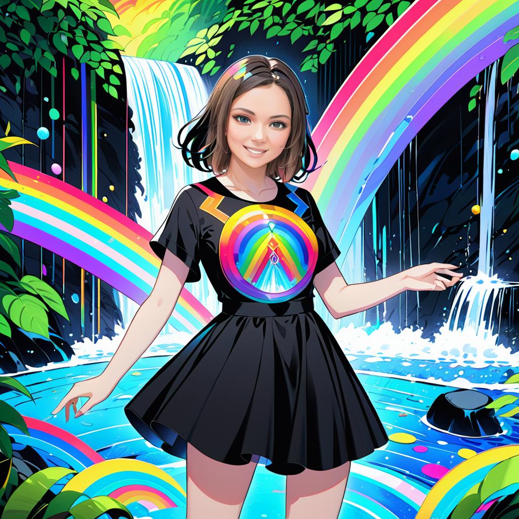 Smiling Woman by Waterfall with Rainbow