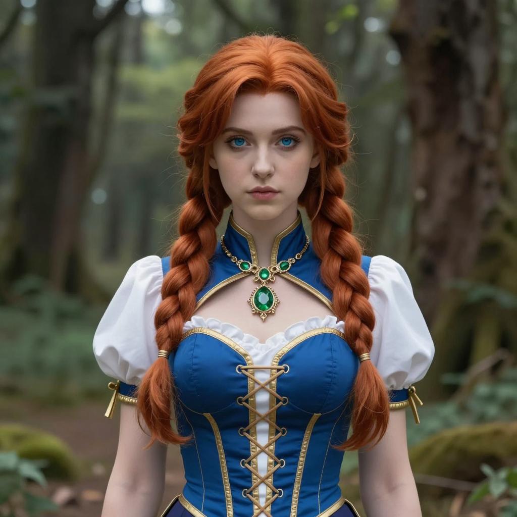 Medieval Style Woman with Red Braided Hair in Forest Setting