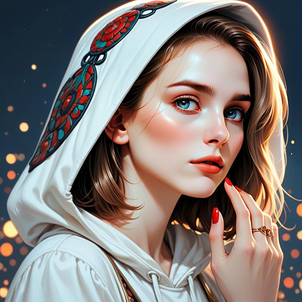 Digital Portrait of Woman in Embroidered White Hoodie with Blue Eyes
