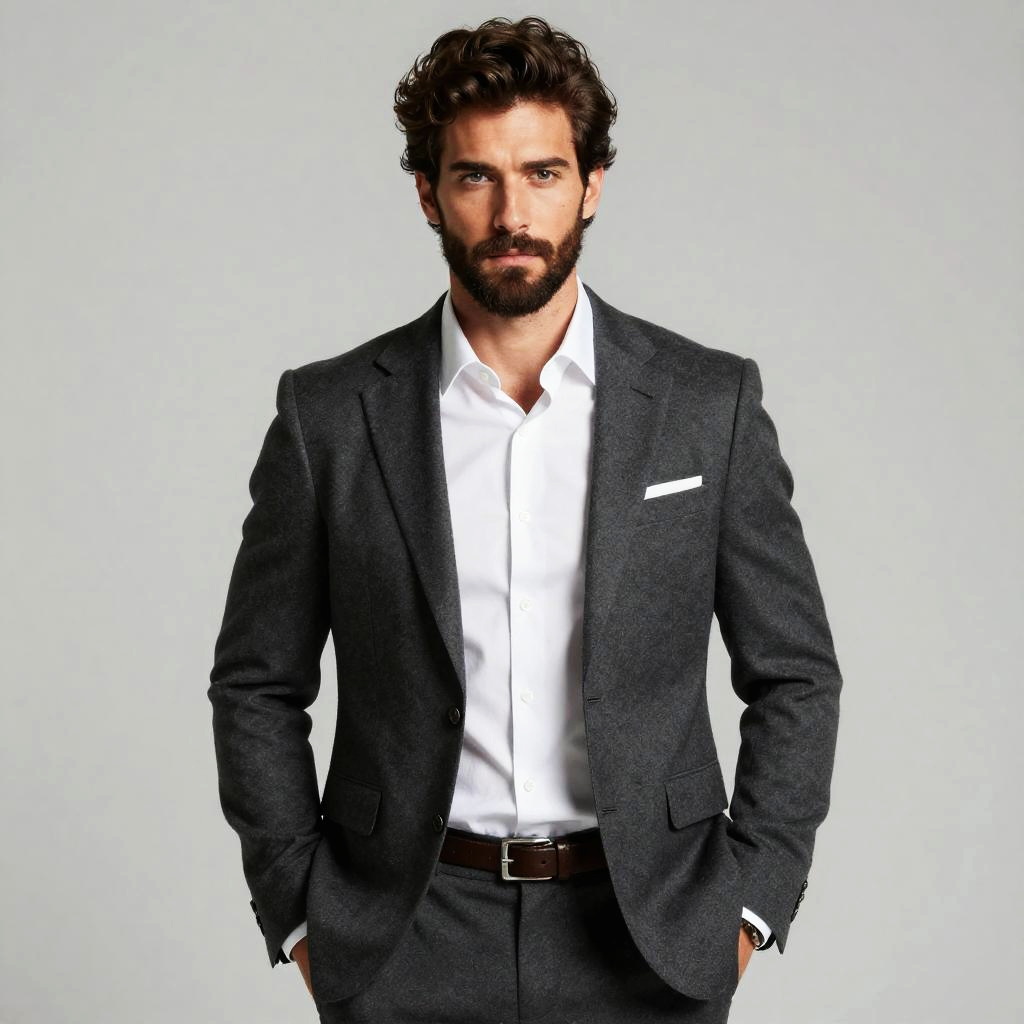 Confident Man in Dark Gray Suit with White Shirt Formal Look