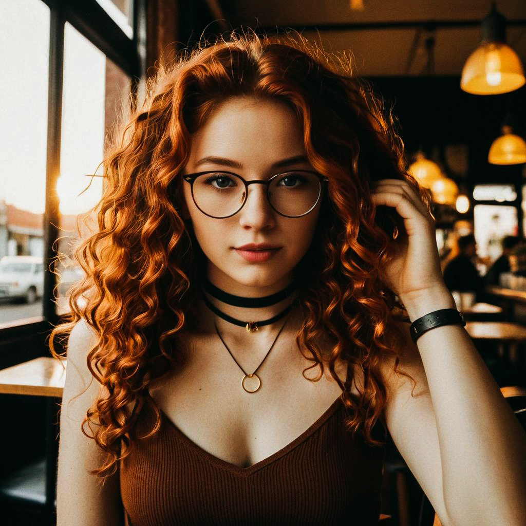 Young Woman with Curly Red Hair in Cafe