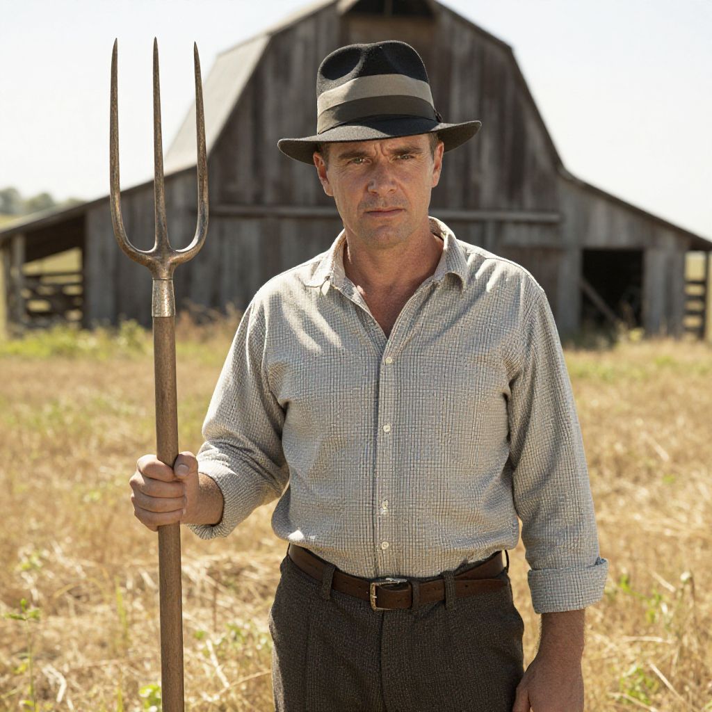 Vintage Farmer with Pitchfork in Front of Old Barn on Rustic Field