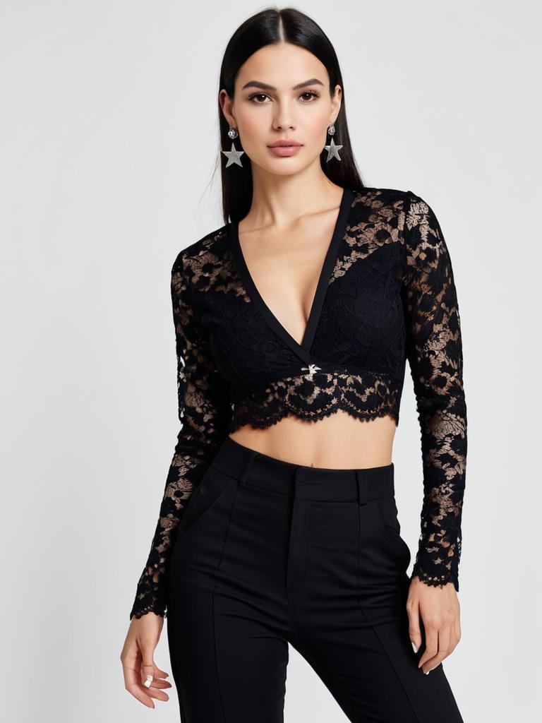 Woman in Contemporary Chic Black Lace Crop Top with Plunging Neckline and Long Sleeves