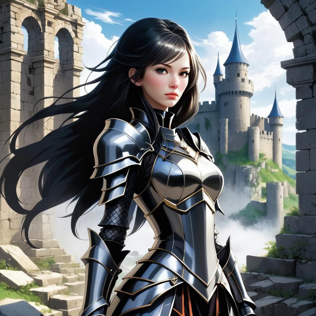Confident Woman in Black Armor Among Ruins Confident Woman in Black Armor Among Ruins