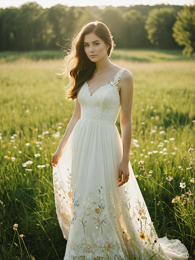 Young Woman in Elegant Floral Embroidered White Dress in Meadow