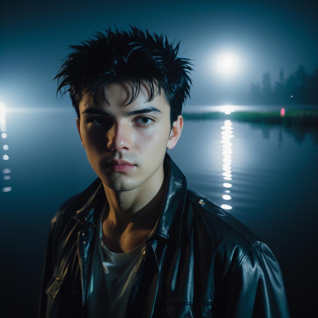 Young Man by Tranquil Lake at Night