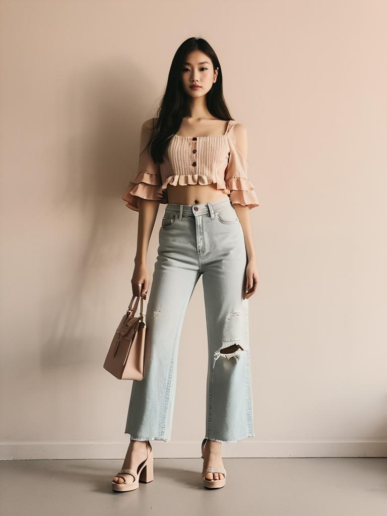 Chic Woman in Cropped Cream Ruffle Sleeve Blouse and Light Wash Ripped Jeans