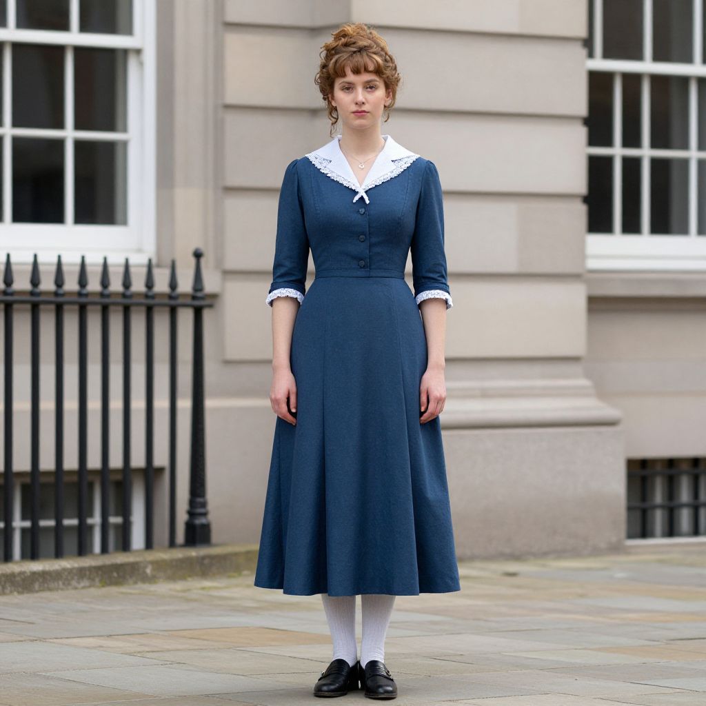 Woman in Vintage Navy Blue Dress with White Lace Collar on City Sidewalk