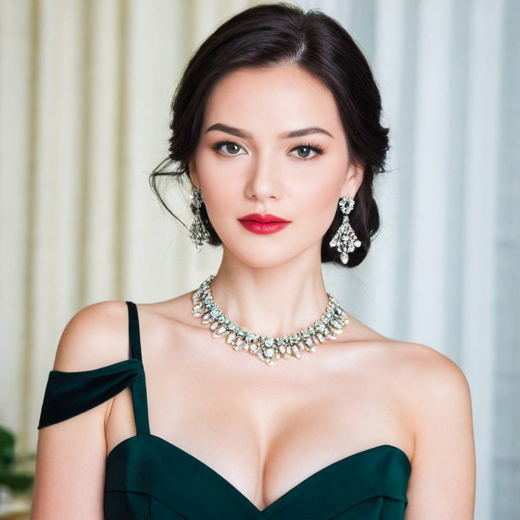 Sophisticated Woman in Dark Green Off-Shoulder Gown