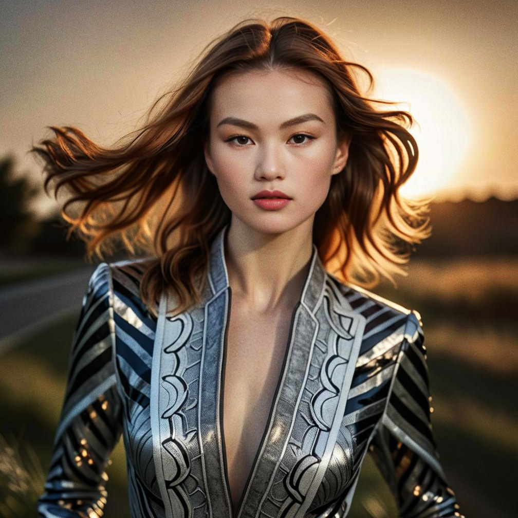 Elegant Woman in Metallic Outfit at Sunset