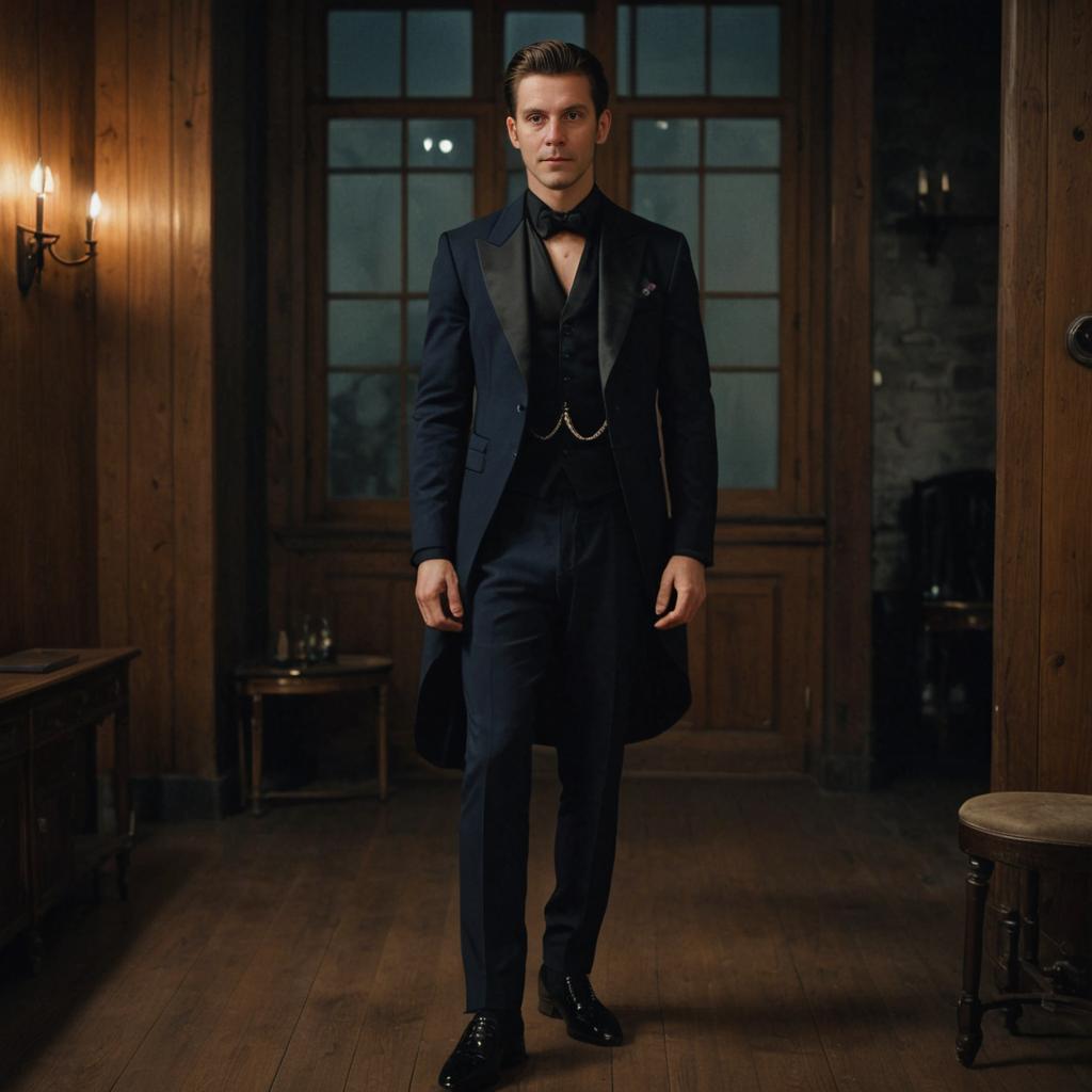 Elegant Man in Dark Suit with Hat in Vintage Interior