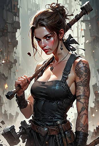 Post-Apocalyptic Woman Warrior with Hammer and Tattoo in Digital Art