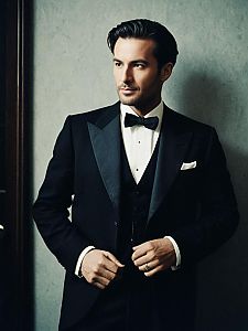 Man in Formal Attire Classic Black Tuxedo Cinematic Fashion Editorial