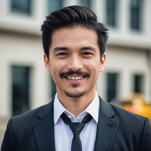 Confident Young Asian Man in Business Suit Smiling Outdoors