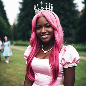 Smiling Woman in Pink Dress with Tiara