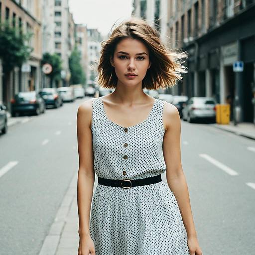 Young Woman in Polka Dot Dress on City Street