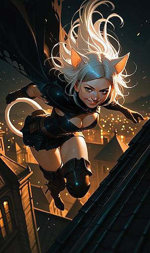 Fantasy Woman with Cat Ears Leaping Across City Rooftops at Night