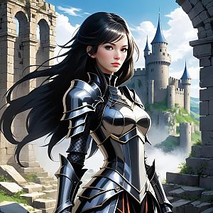 Confident Woman in Black Armor Among Ruins