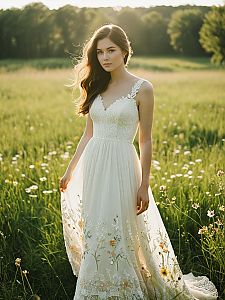 Young Woman in Elegant Floral Embroidered White Dress in Meadow