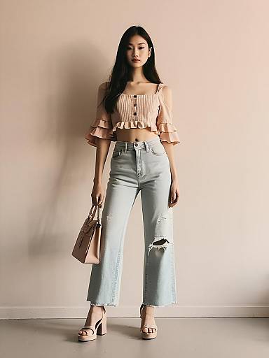 Chic Woman in Cropped Cream Ruffle Sleeve Blouse and Light Wash Ripped Jeans