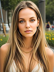 Young Woman with Blonde Hair and Green Eyes Outdoors