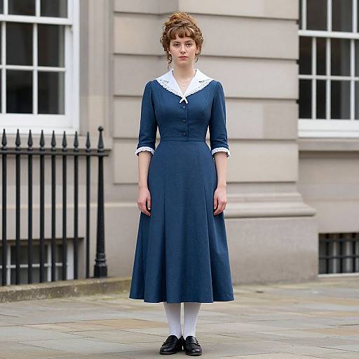 Woman in Vintage Navy Blue Dress with White Lace Collar on City Sidewalk