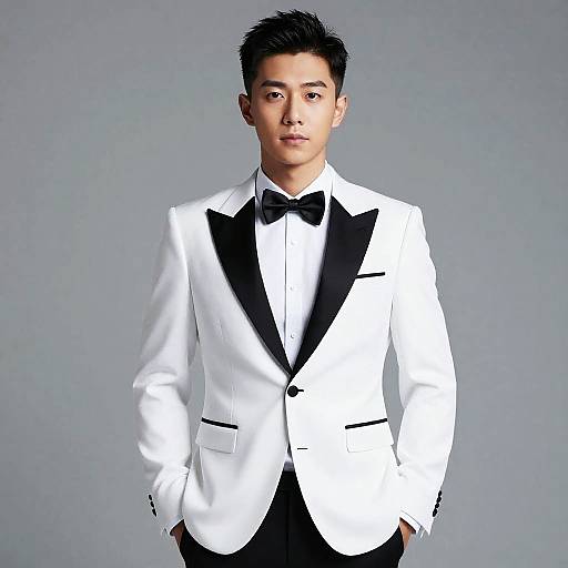 Young Man in White Tuxedo with Black Bow Tie Fashion Portrait