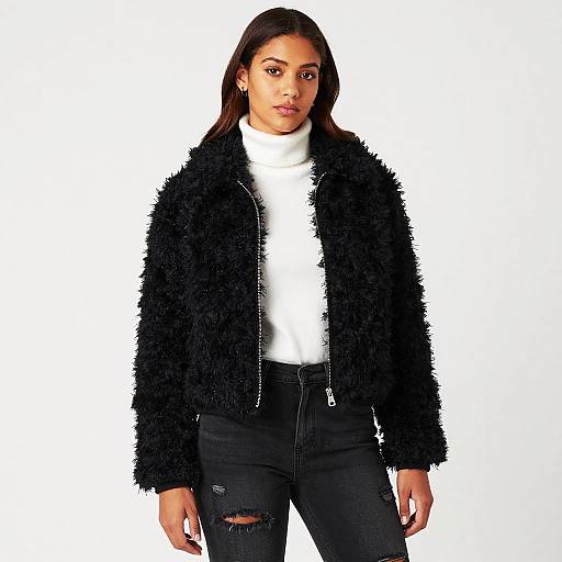 Trendy Black Fuzzy Jacket with White Turtleneck and Ripped Jeans