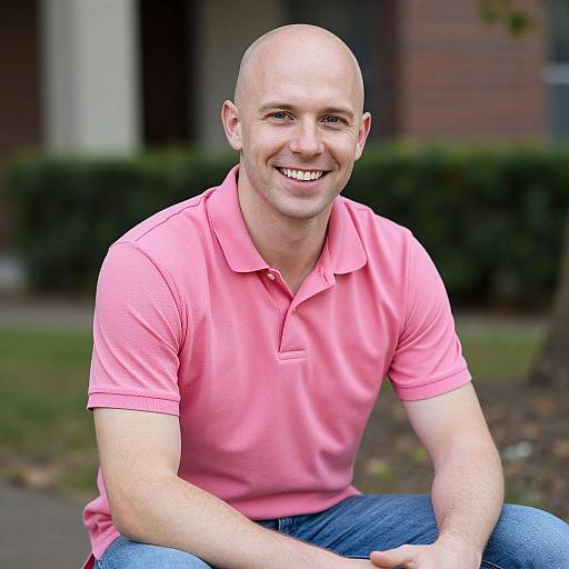 Smiling Bald Man in Pink Polo Shirt Sitting Outdoors