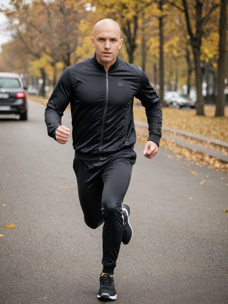 Man Running in Black Tracksuit on Autumn Street