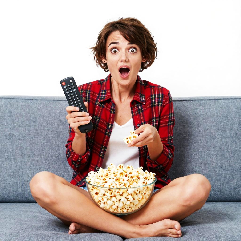 Young Woman Watching TV with Popcorn in Red Plaid Shirt