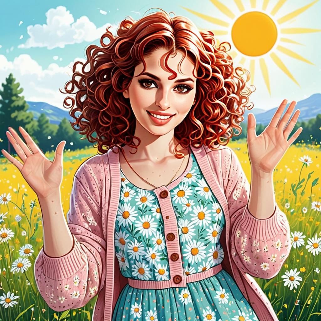 Cheerful Woman in Daisy Field Digital Illustration