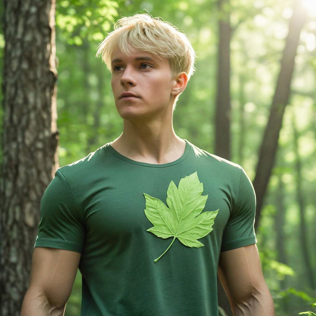 Young Man in Sunlit Forest with Leaf Design Shirt Young Man in Sunlit Forest with Leaf Design Shirt