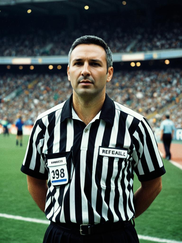 Man in Referee Costume Photorealistic Outdoor Portrait in Stadium
