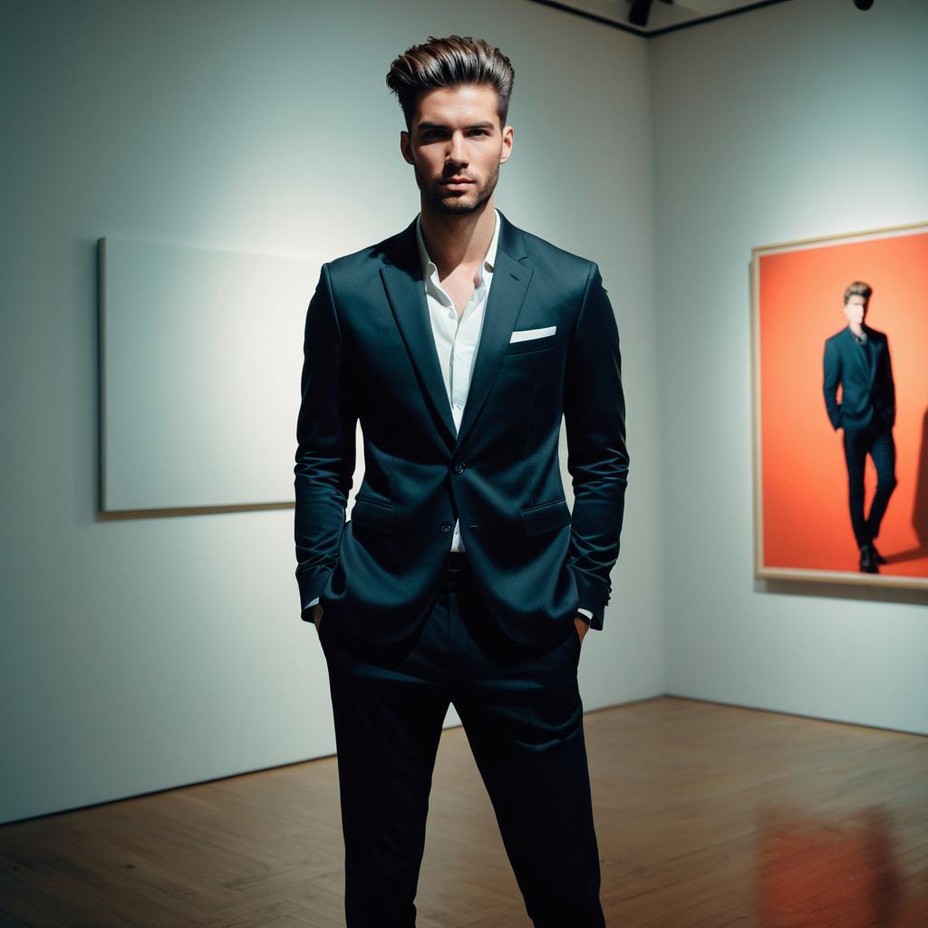 Confident Man in Black Suit Standing in Modern Art Gallery with Contemporary Portrait