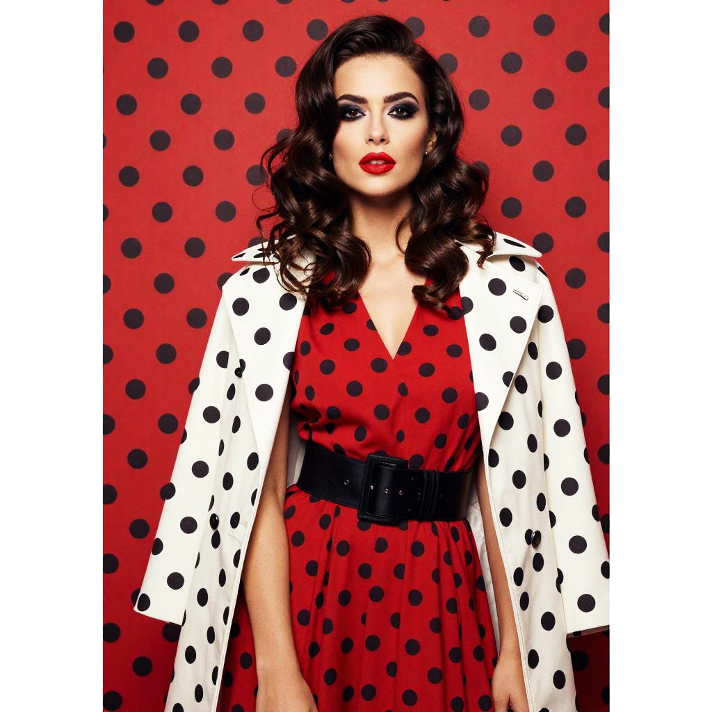 Woman in Red Polka Dot Dress with White Polka Dot Coat - Retro Fashion Portrait