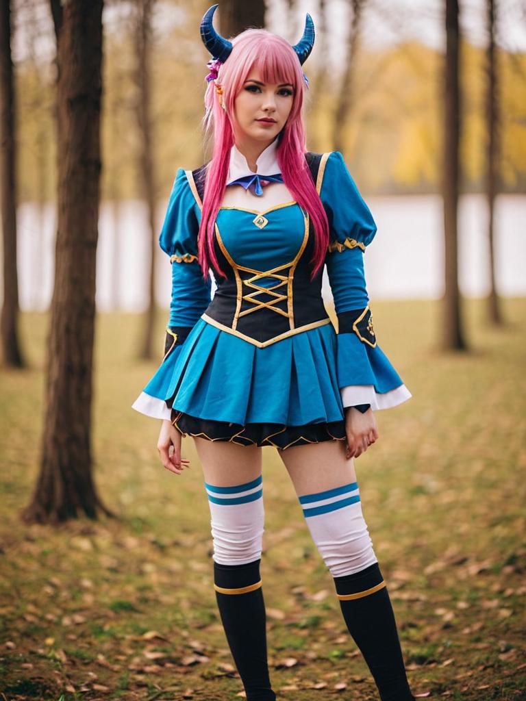 Woman in Blue Fantasy Anime Cosplay with Pink Hair and Horns