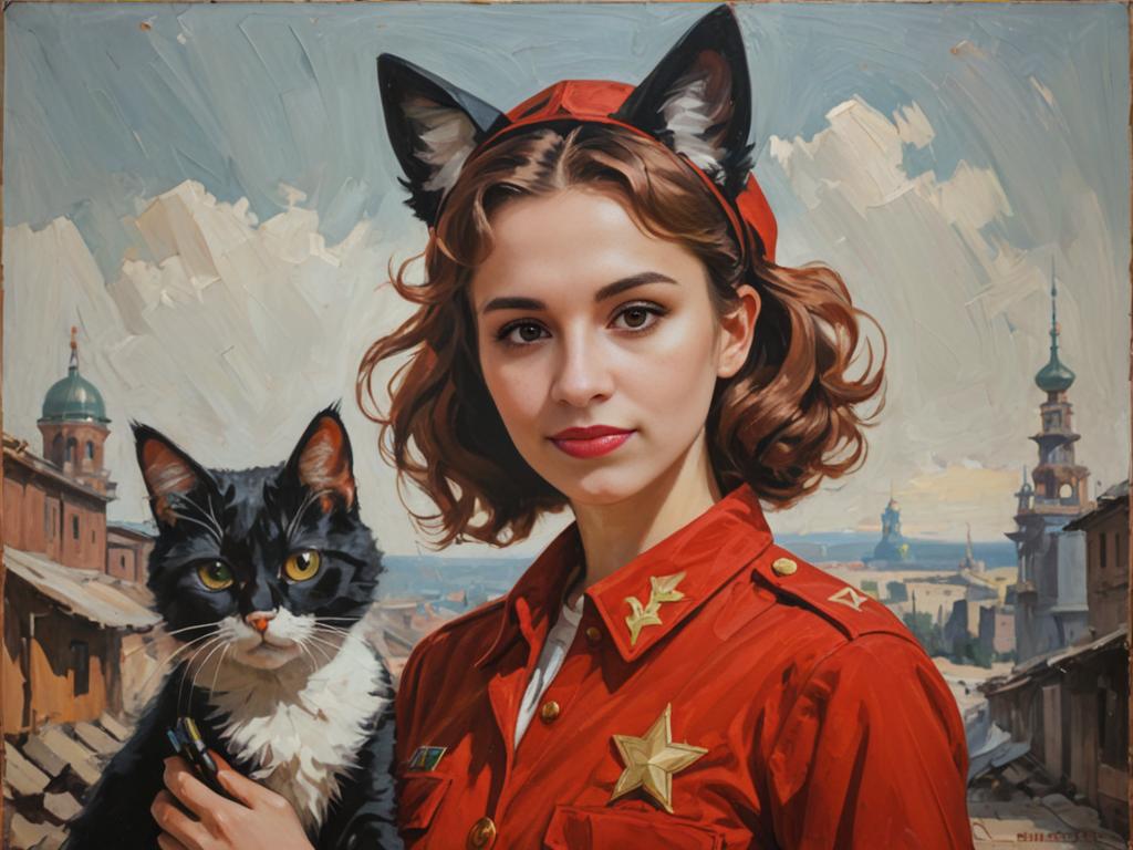 Young Woman with Cat Ears in Red Outfit with Feline Companion